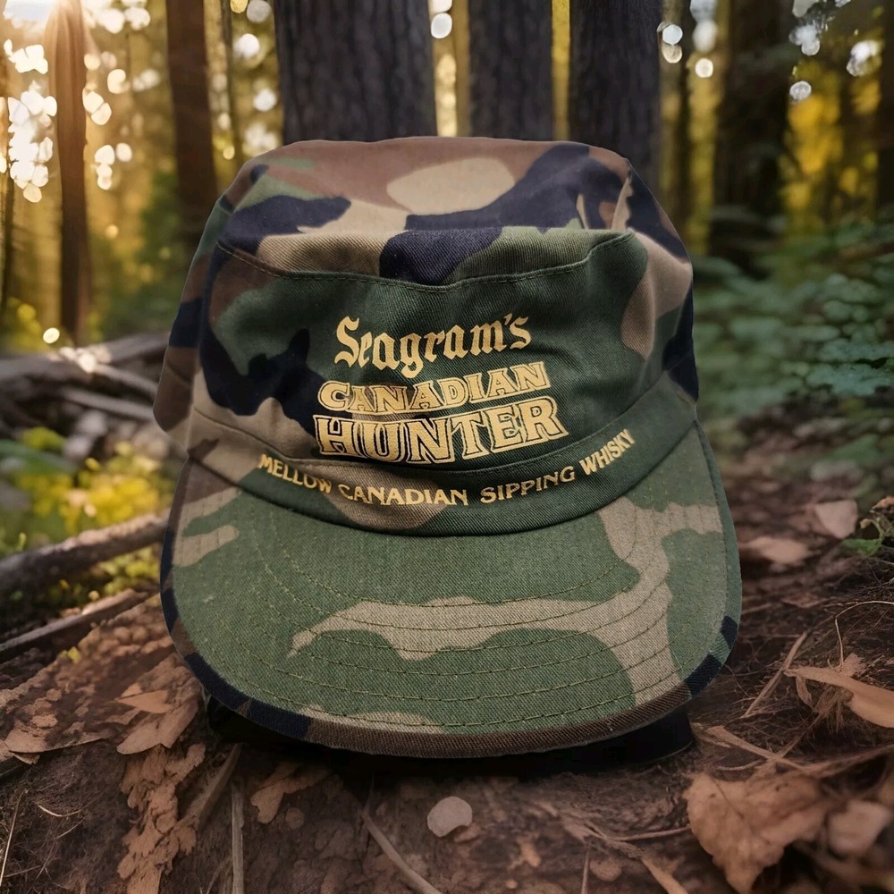 Vintage Seagrams Canadian Hunter Whiskey Woodland Camo Army Combat Field Hat L